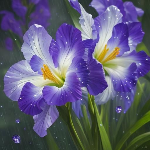 Hyperrealistic Irises in Bloom: Dew-Kissed Garden