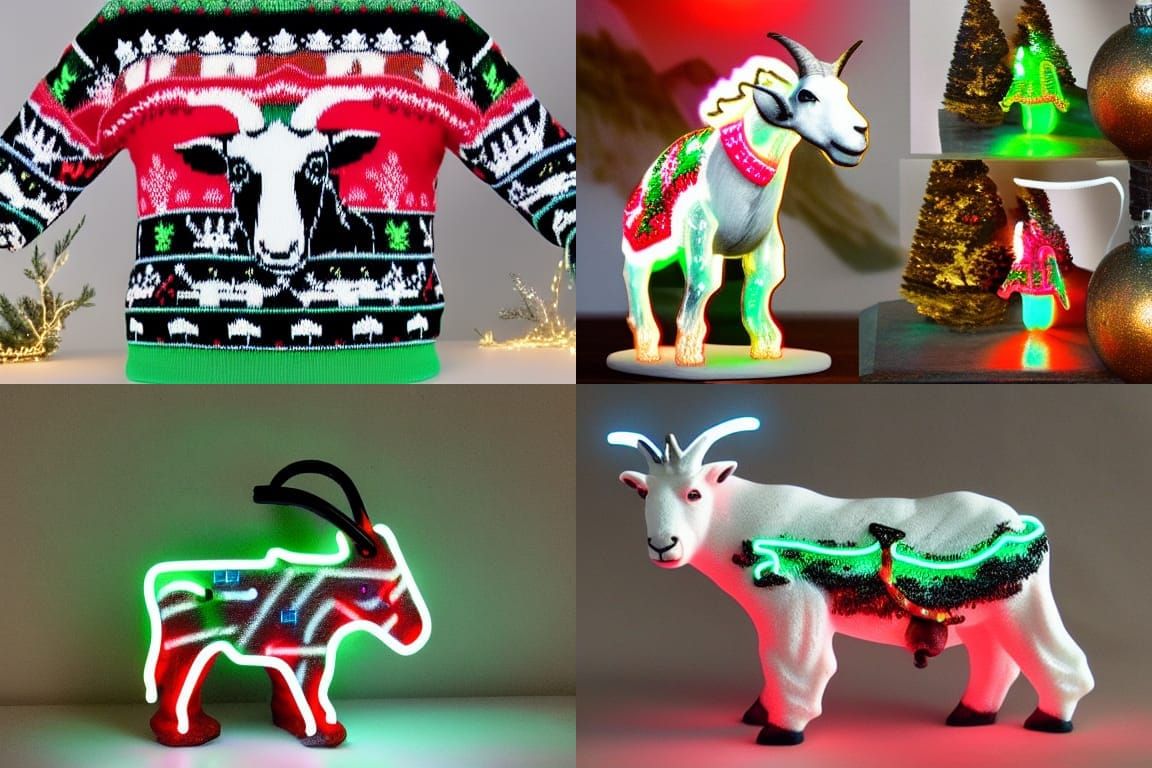 mountain goat wearing a Christmas sweater resin cast glowing neon complex