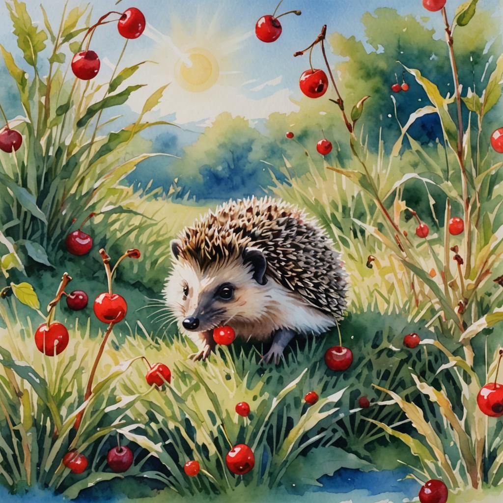Cute Hedgehog Enjoys Cherry: Watercolour Painting