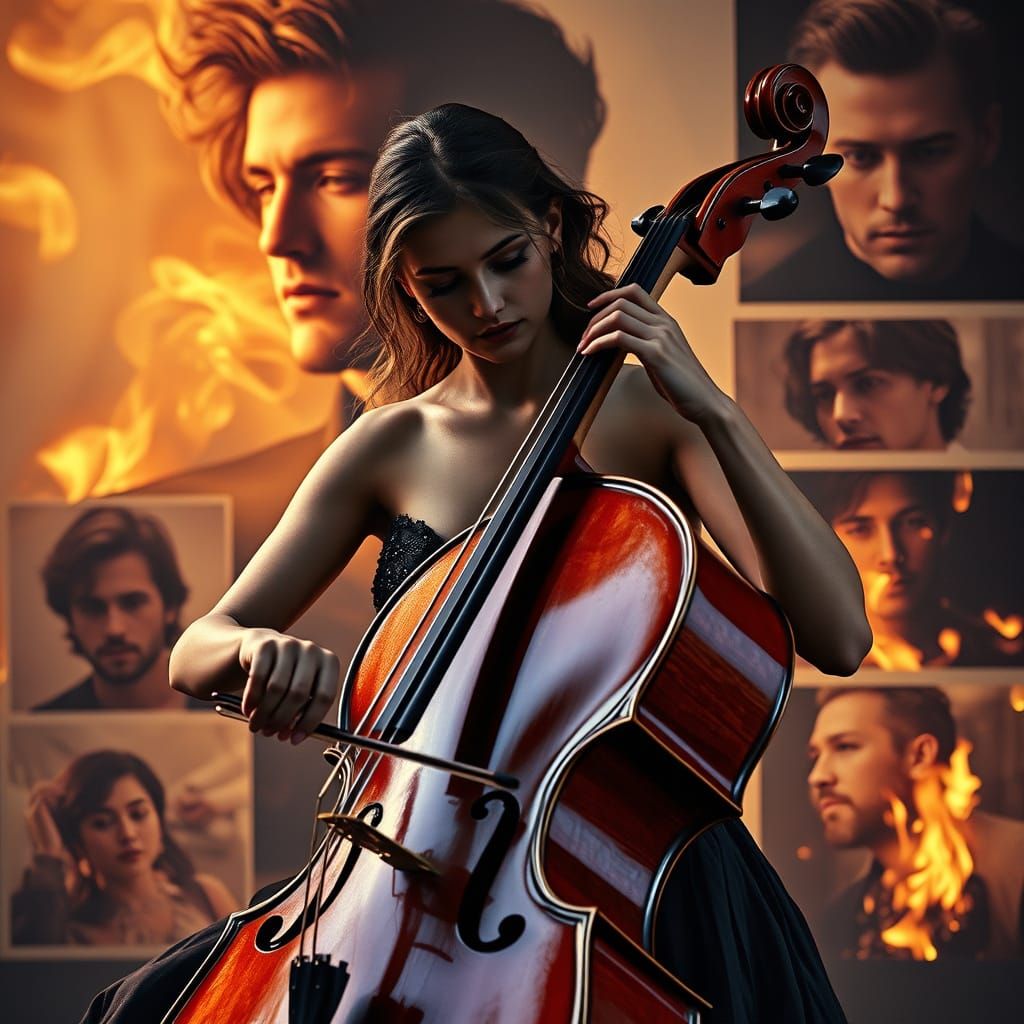 Dramatic Cello Performance in a Burning Photo Landscape