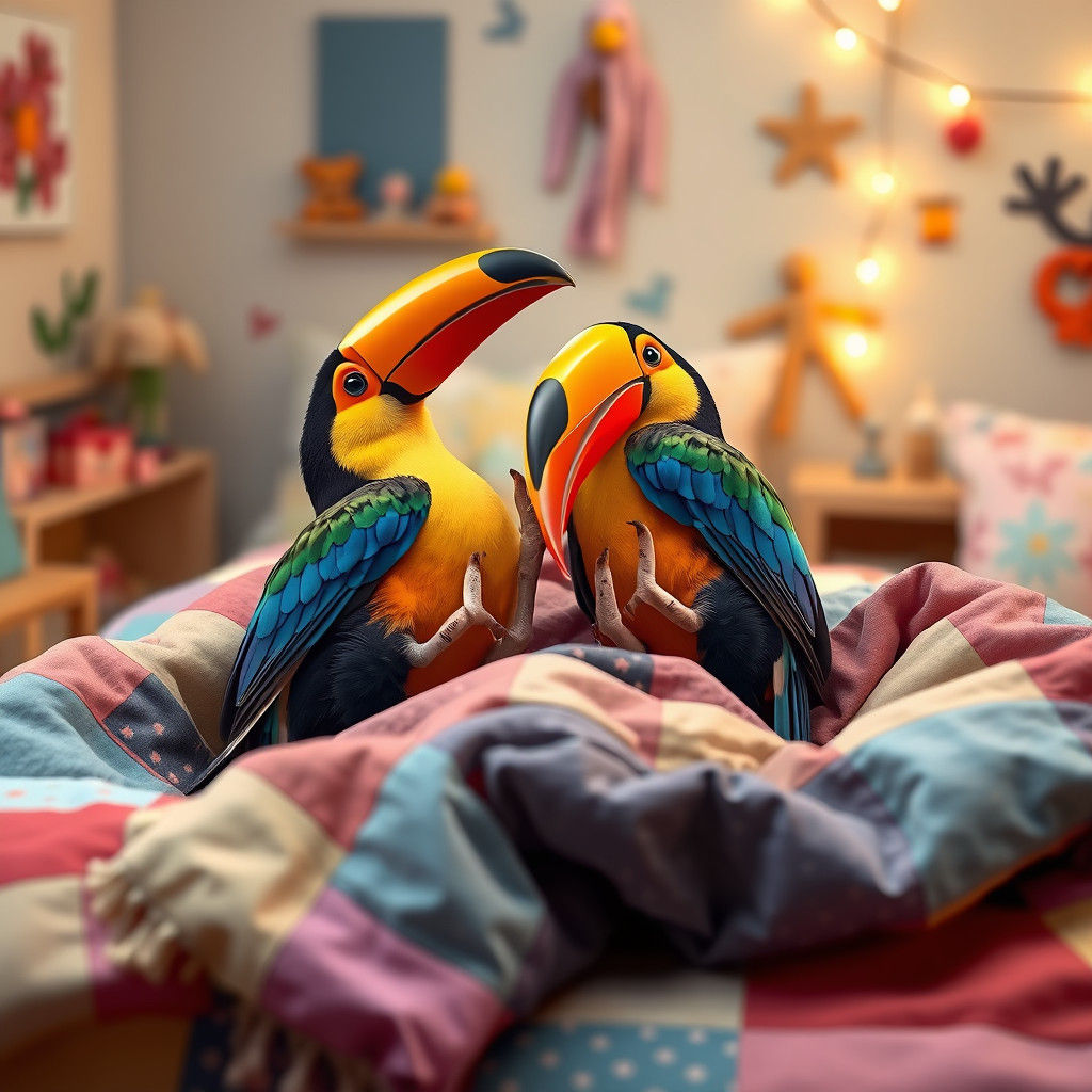 Toucans Sleeping on Bed in Detailed Matte Painting Style