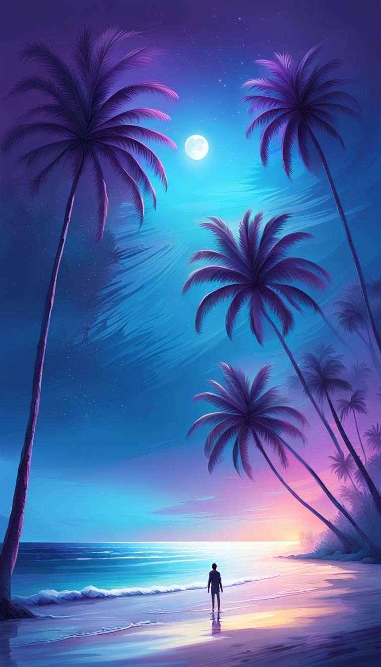 Moonlit Beach Dreamscape: Digital Painting of Tranquility