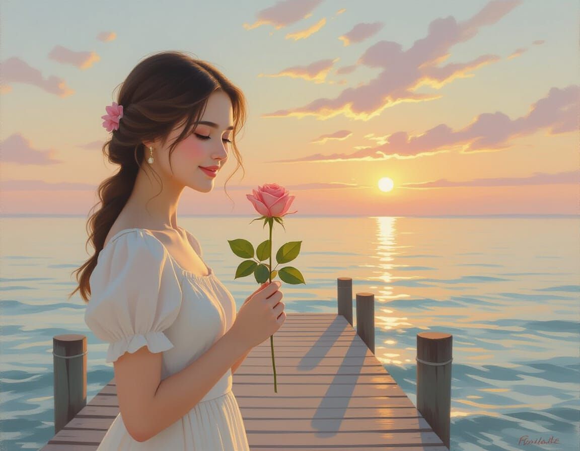 Woman with Rose on Pier at Sunset, Impressionist Style