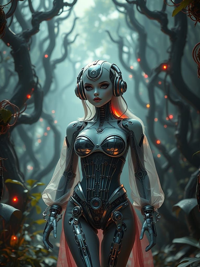 Biomechanical Dollcore Woman in Techno-Organic Jungle