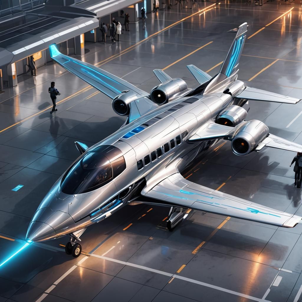 Futuristic Neon Aircraft at Airport: Sci-Fi Concept Art