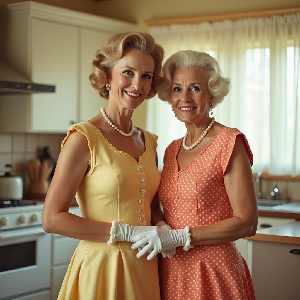 Senior Friends in 1960s Kitchen, Vintage Style