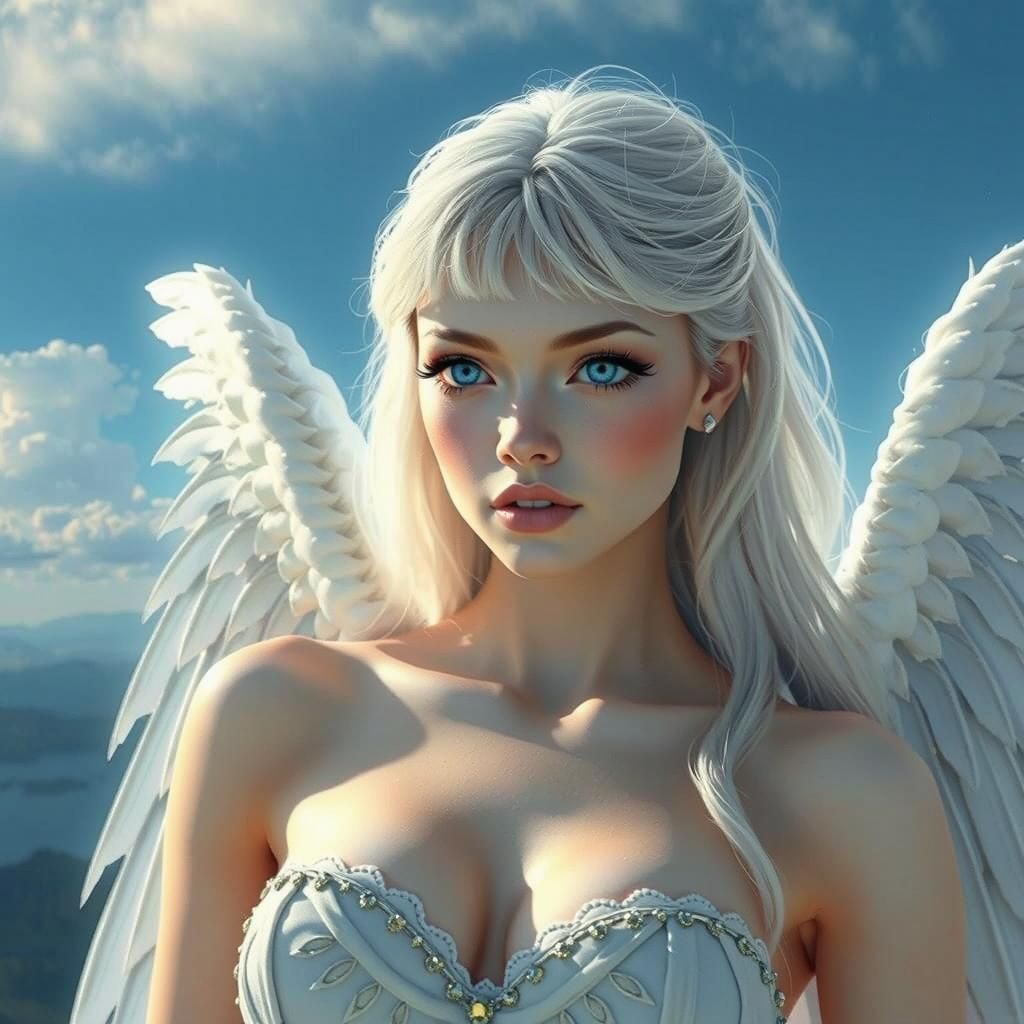 Cyber Angel with Golden Wings in Ethereal Sky