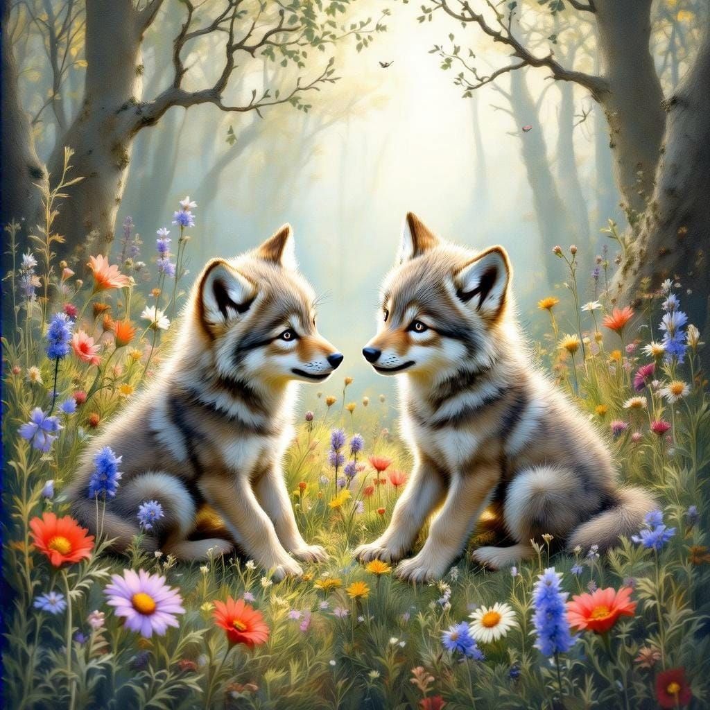 Playful Wolf Cubs in Whimsical Forest