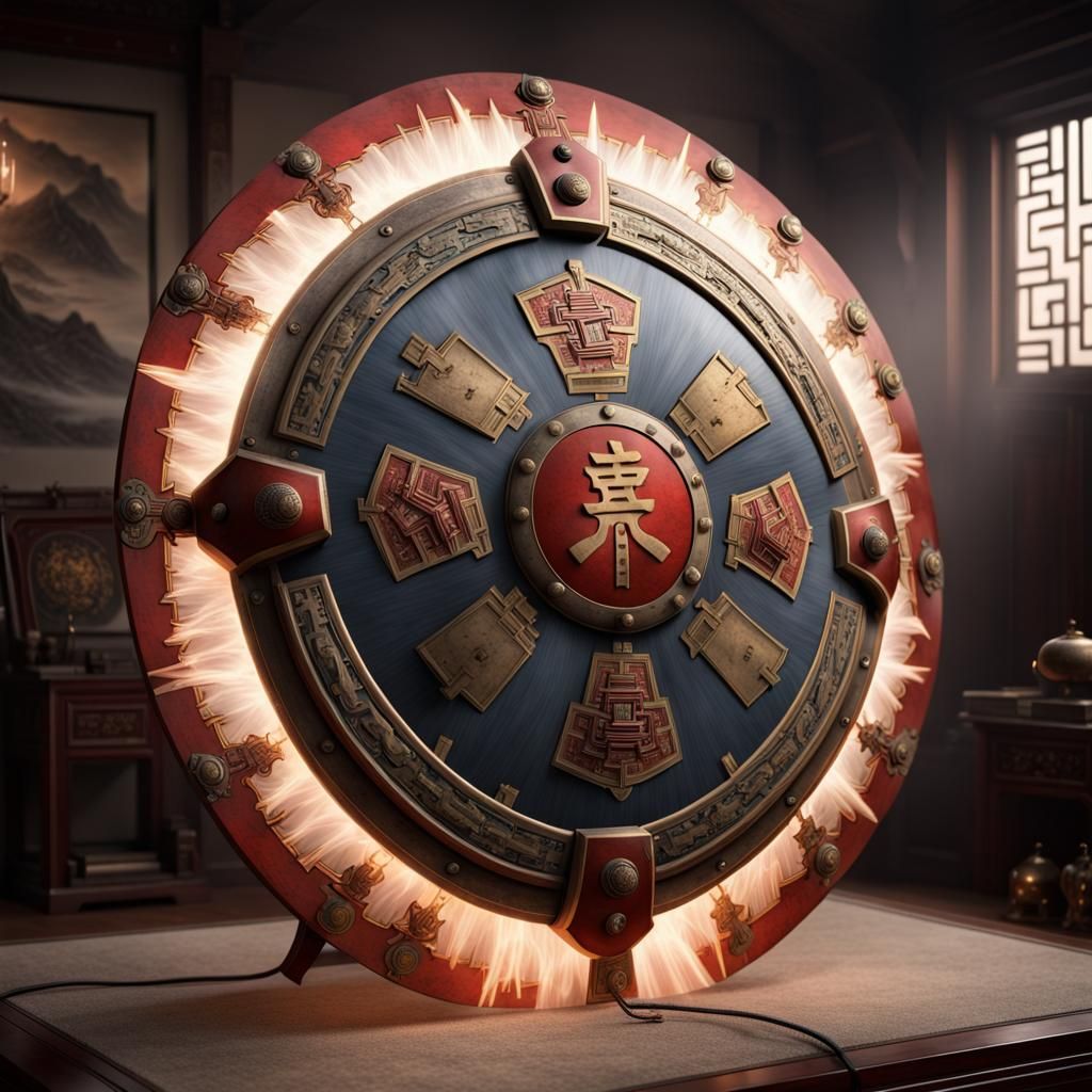 Ornate Chinese War Shield with Electrical Glow