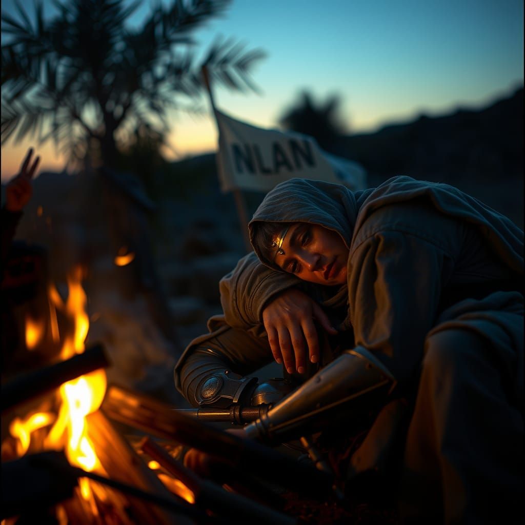 Neonpunk Warrior Resting by Campfire: Tabletop Photography