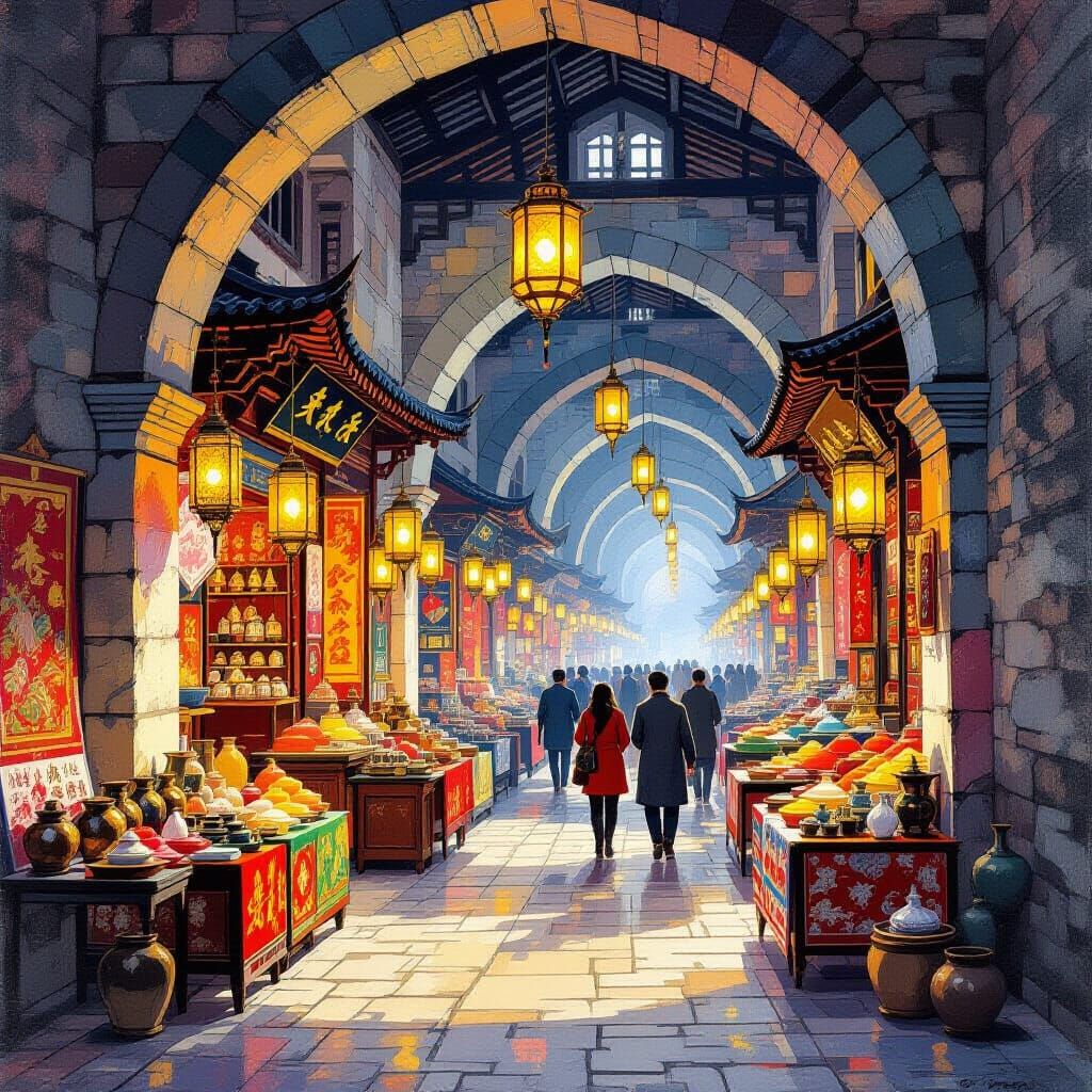 Bustling Eastern Market in Qi Baishi Style
