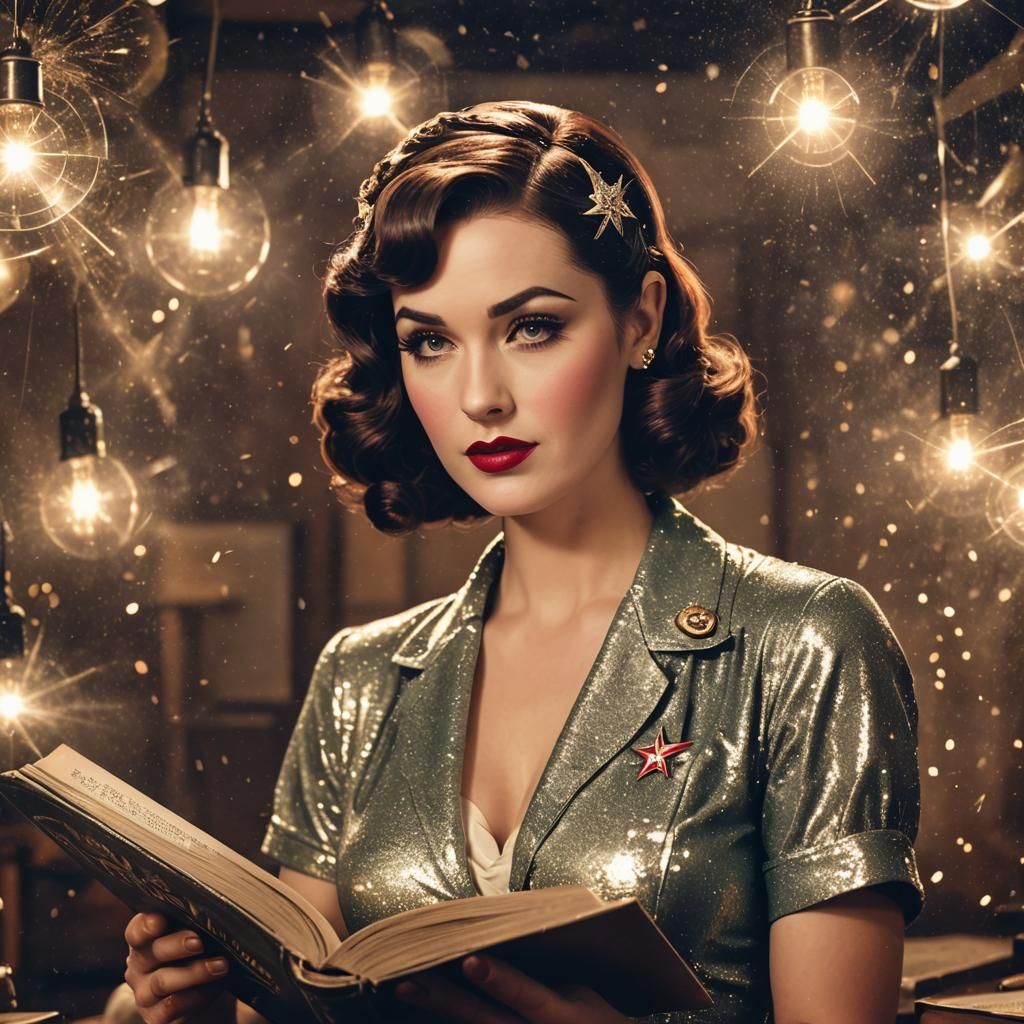 1920s Pinup Girl Reading: Hyperrealistic Sparkle