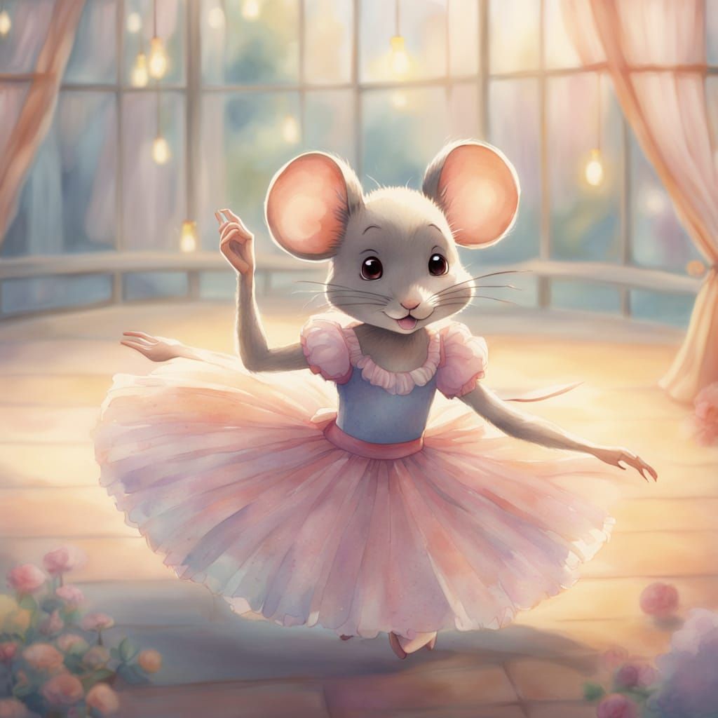 Shy Mouse Watches Ballerina in Pastel Watercolor Style