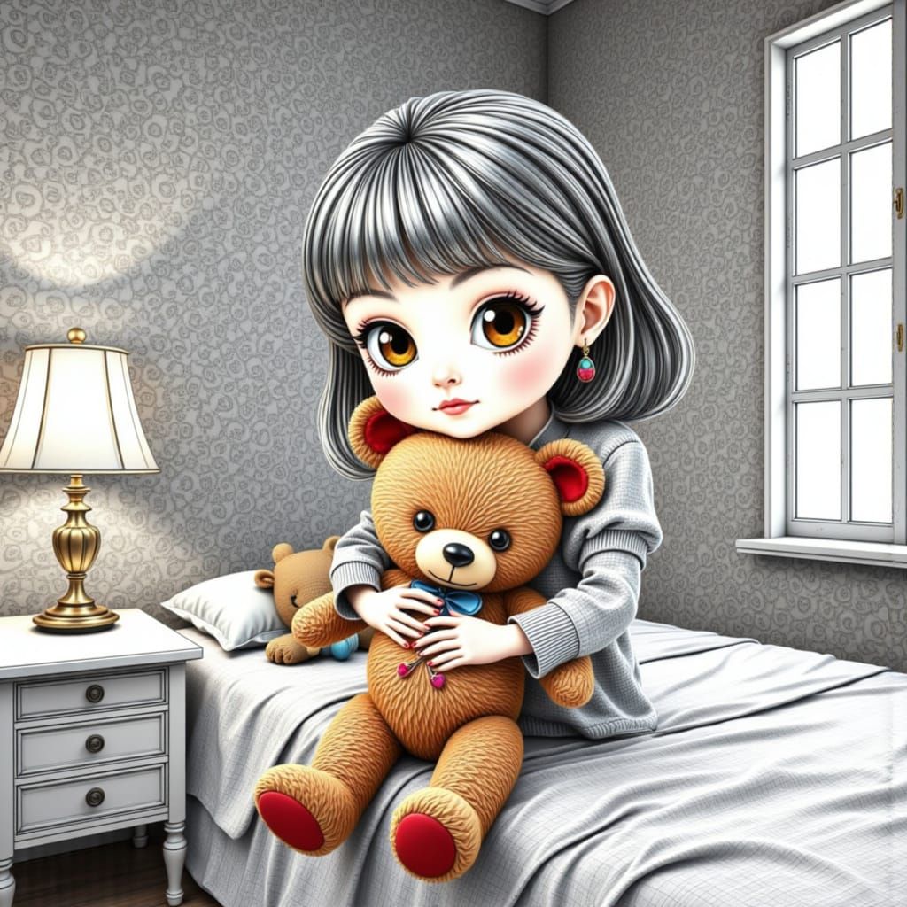 Chibi Girl with Teddy Bear Graphite Illustration
