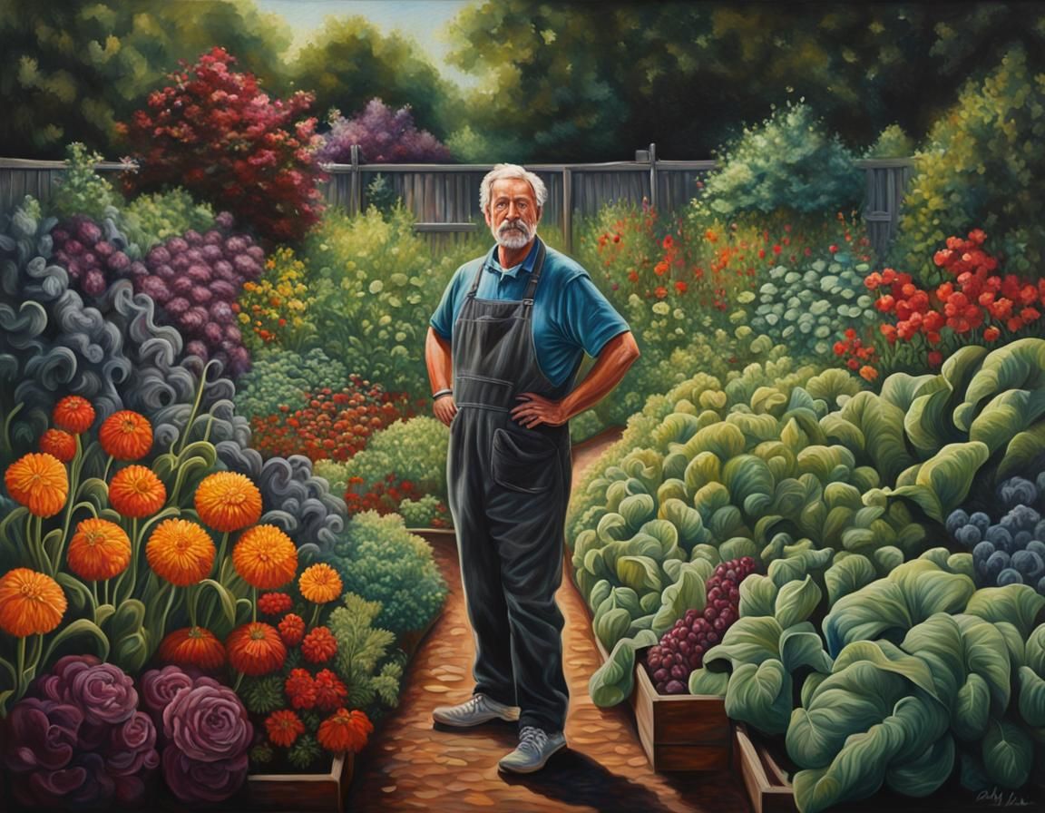 Gardener in Lush Garden: Hyperrealistic Splash Art