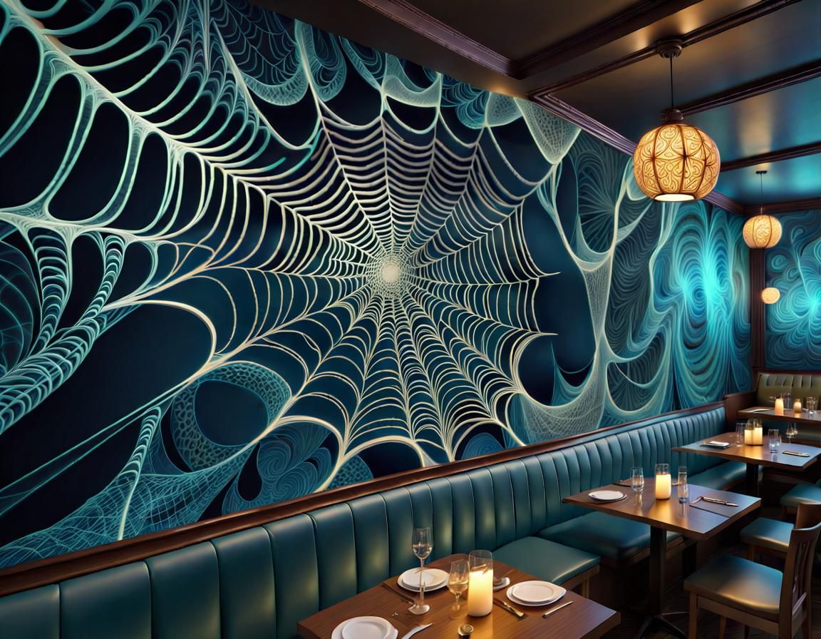 painting on a restaurant wall, in the patterns of a bioluminescent spider web,