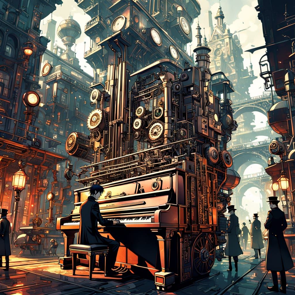 Steampunk Pianoman in Retrofuturistic City