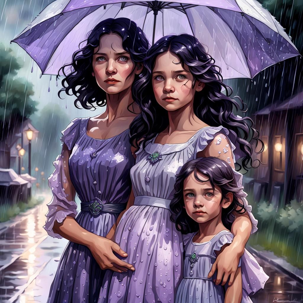 Radiant Mother and Daughter Portrait in Rain