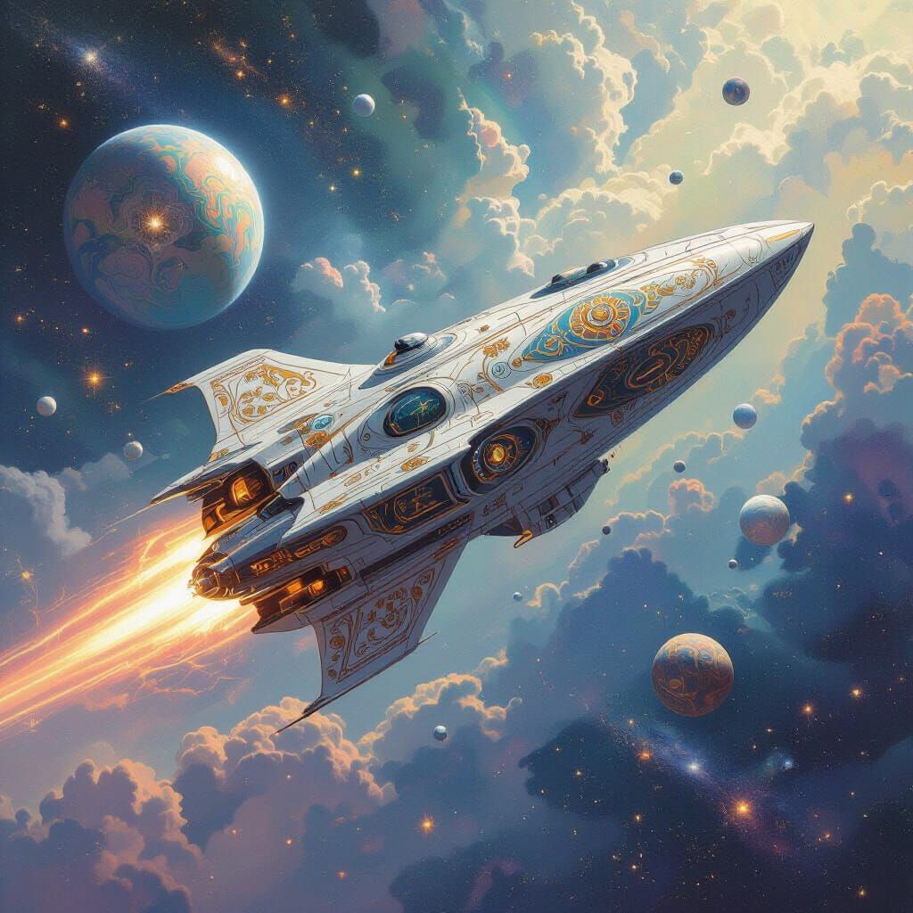 Cosmic Spaceship in Pre-Raphaelite Style