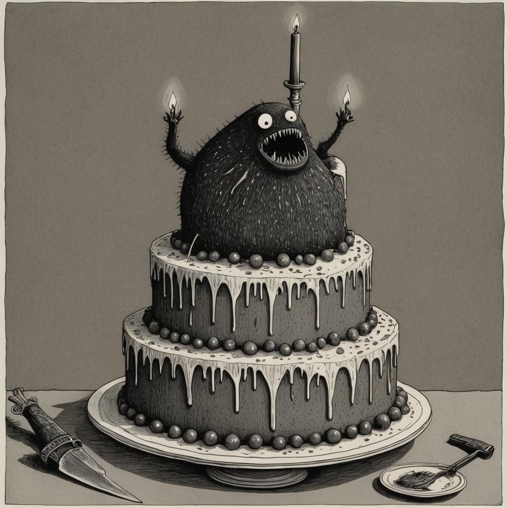 Razor-Toothed Birthday Cake Monster in Gorey Style