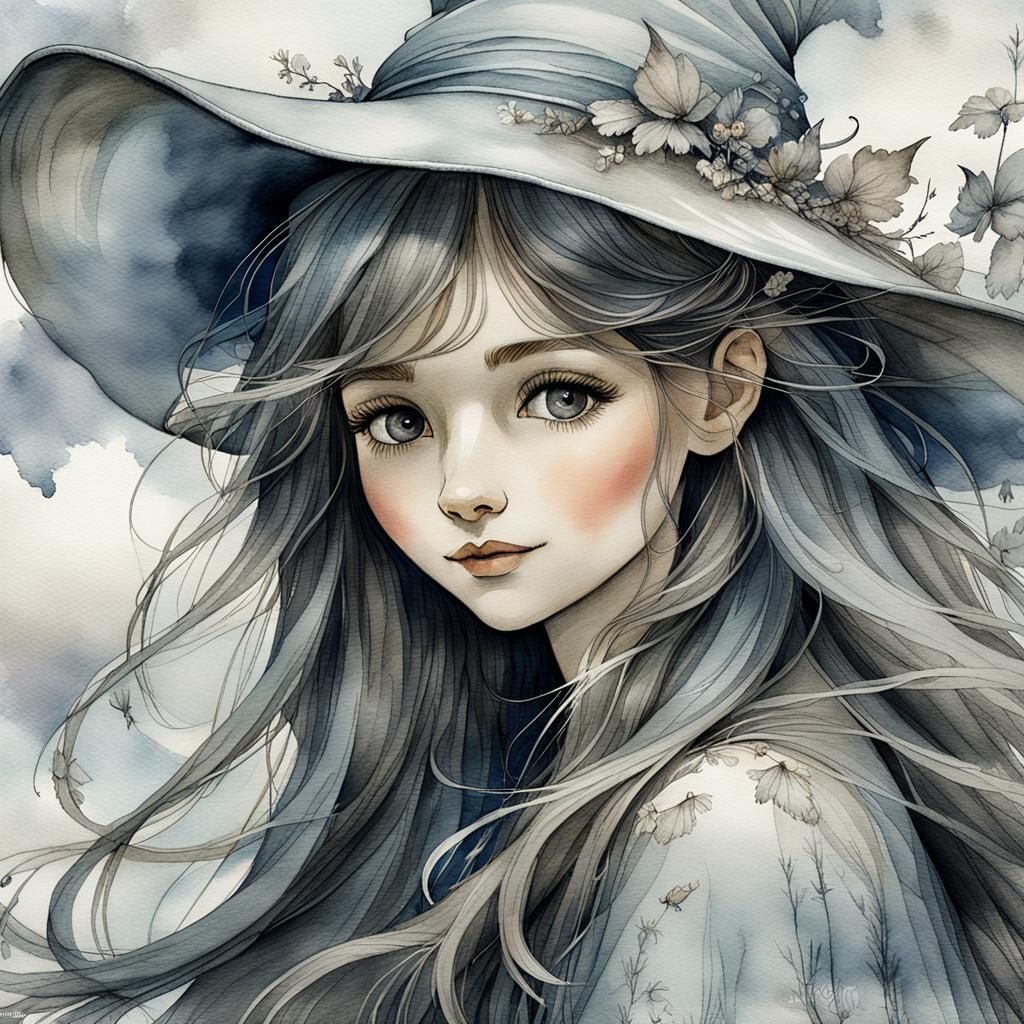 Gray Fairy Portrait in Watercolor Style