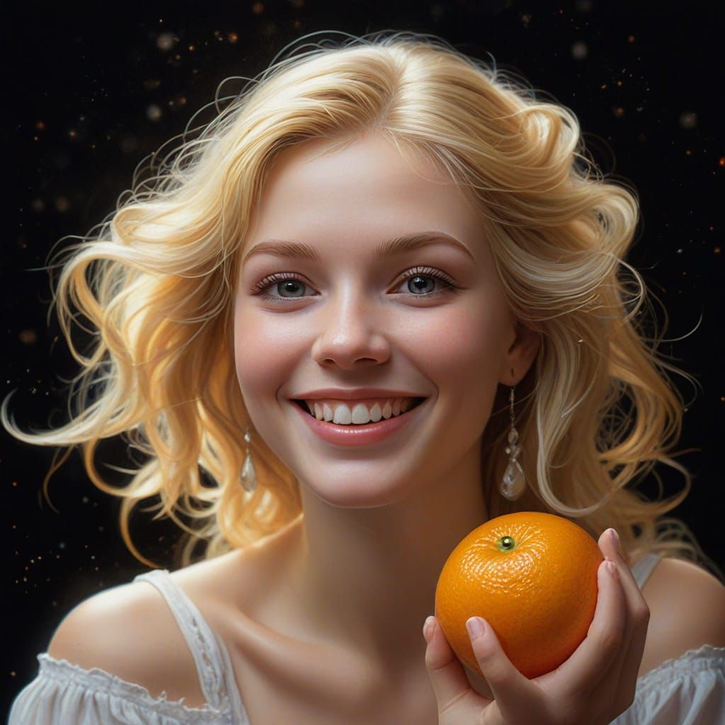 Ethereal Blonde Woman Eating Orange in Misty Fantasy Art