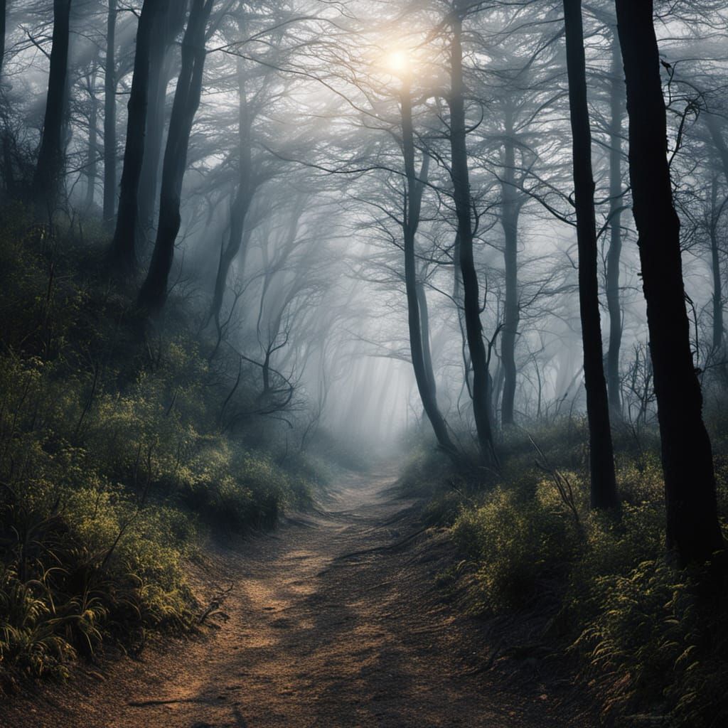 Mysterious Sun Gazing on Foggy Forest Path by the Sea