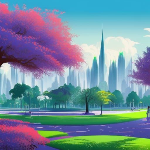 Lush City Park Vista in Gouache Style