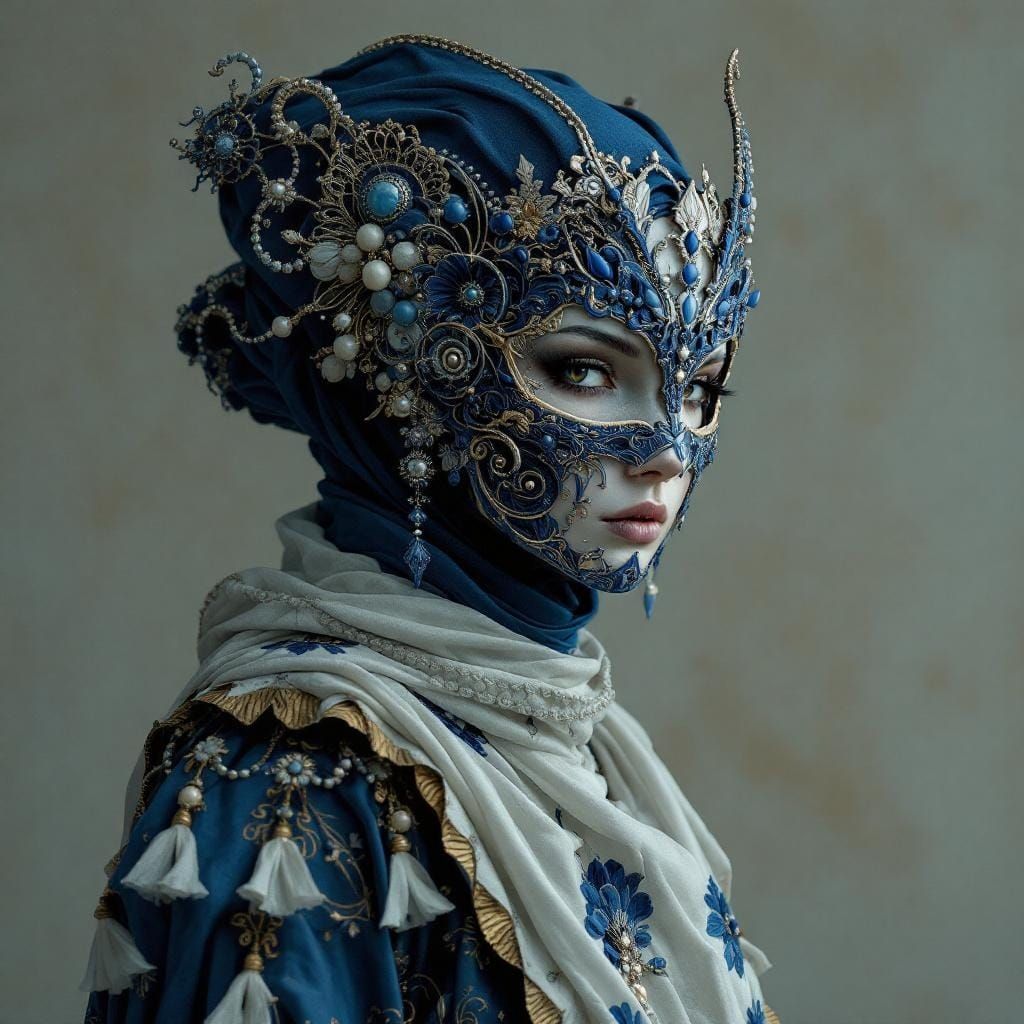 Masked Woman in Indigo and Stone, Hyperrealistic Digital Art