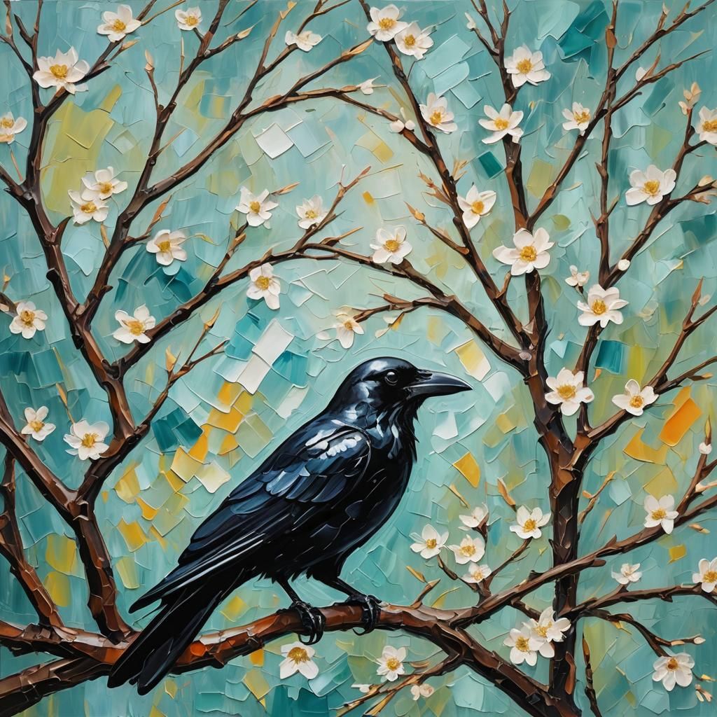 Crow in Spring Blossom: Abstract Expressionist Impasto