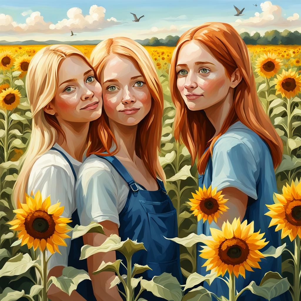 Sisters in Sunflower Field: A Digital Painting