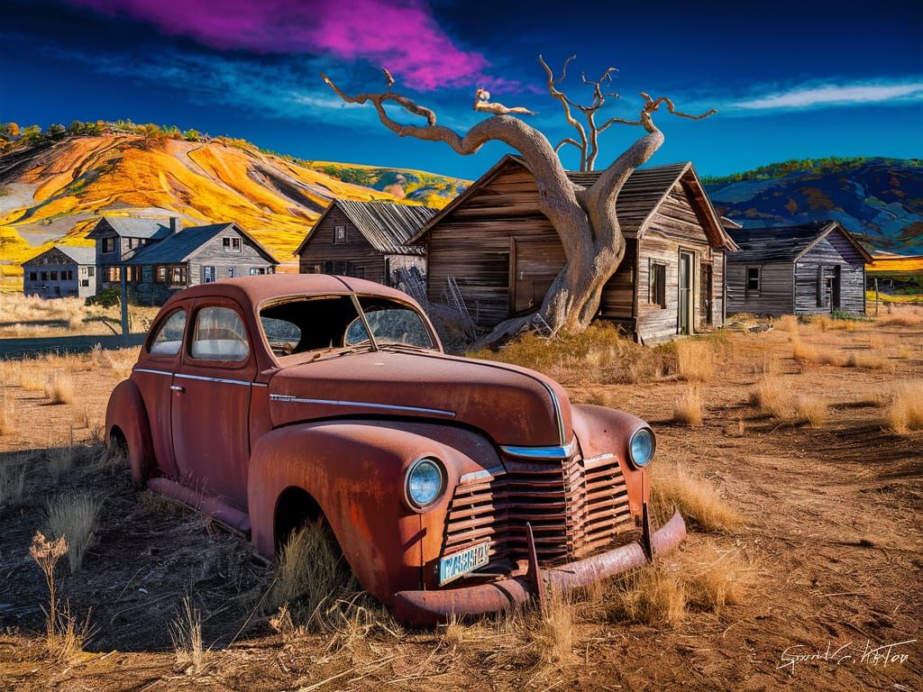 Surreal Abandoned Landscape with Rusted Car Photo