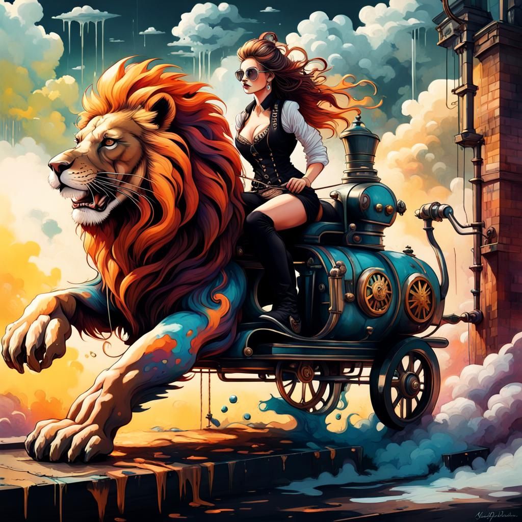 Steampunk Lady Rides Lion in Graffiti Art Style