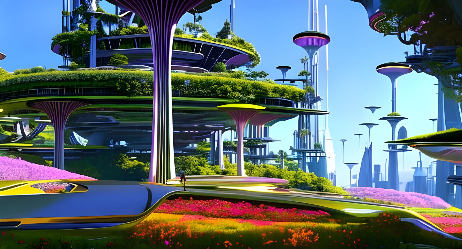 Retrofuturistic City Park with Hovercars in Cyberpunk Style