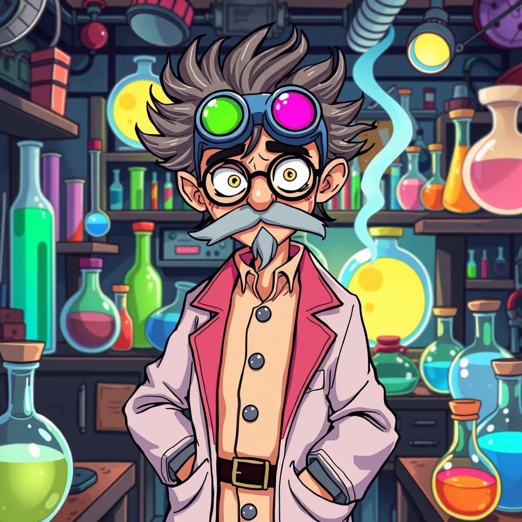 Mad Scientist in Whimsical Anime Laboratory