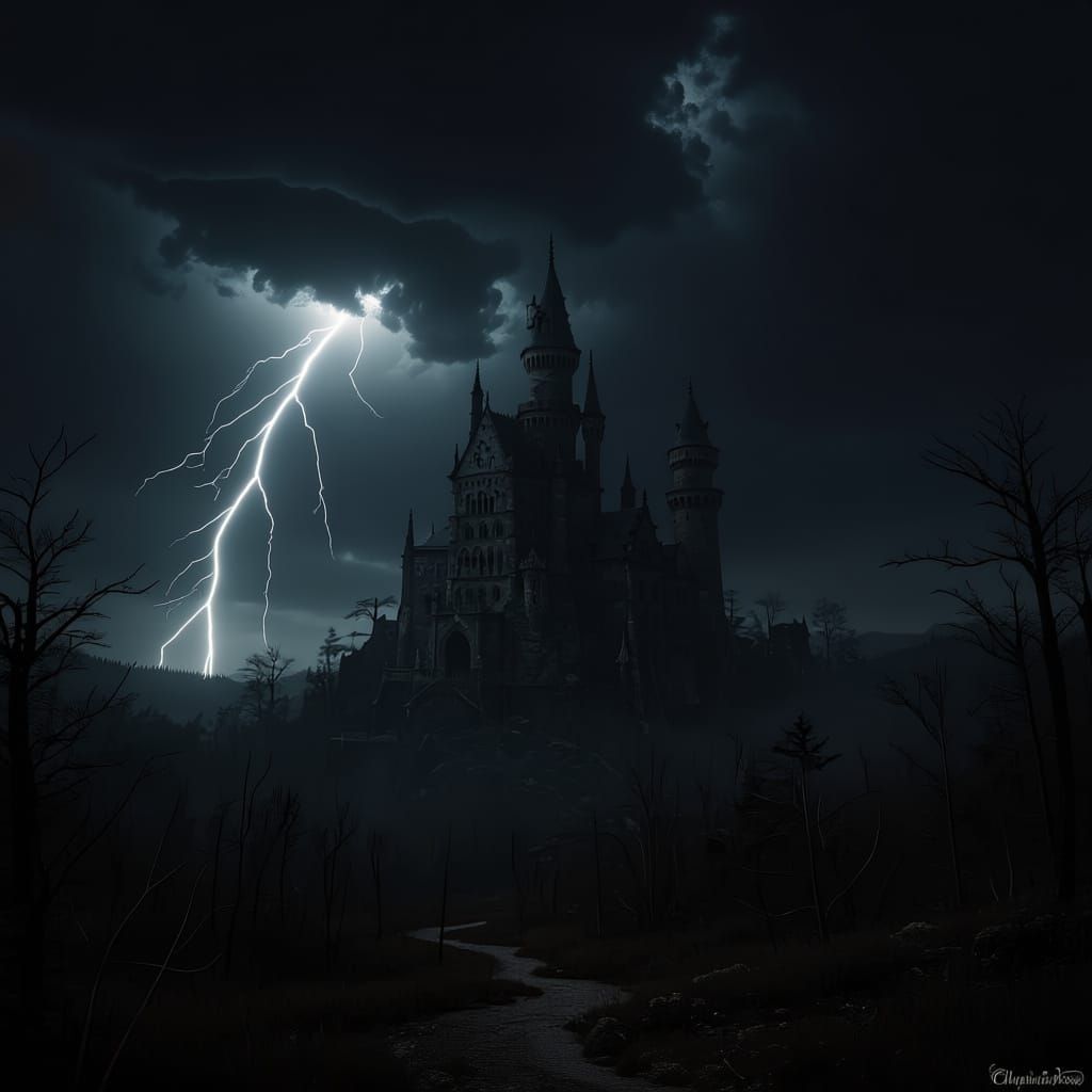 Gothic Castle Under Lightning Storm in Hyperreal Style