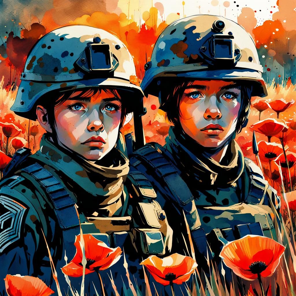 Chibi Soldiers in Poppy Field Watercolor