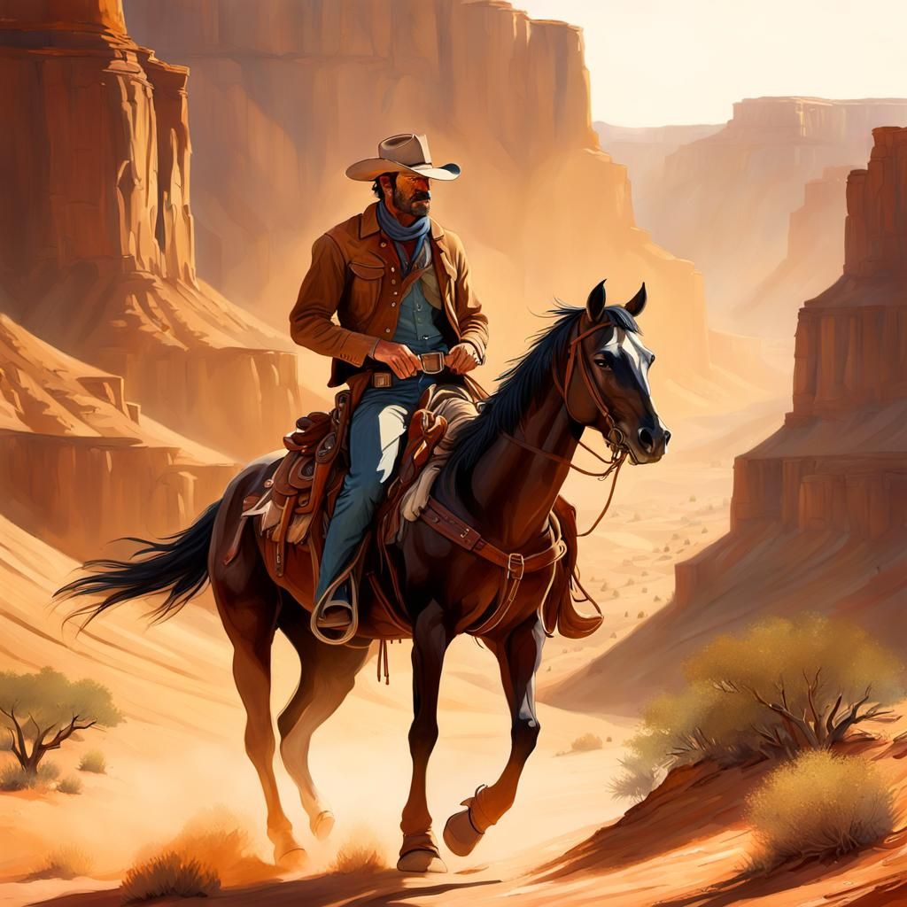 Cowboy Rides Through Desert Canyon in Western Art Style