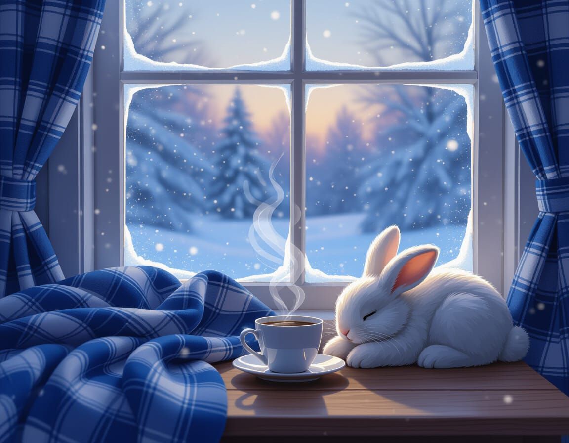 Cozy Winter Room with Snowfall and Coffee