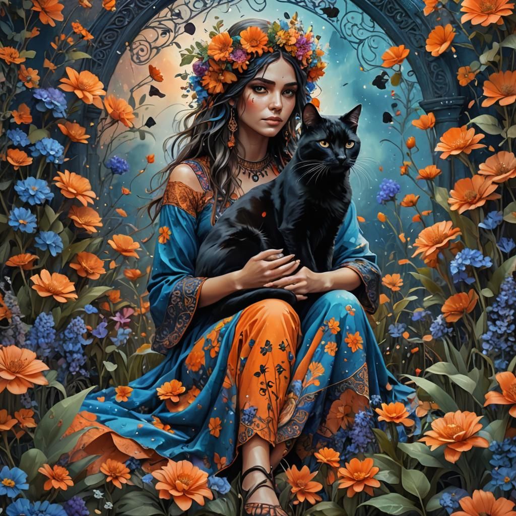 Bohemian Girl with Black Cat in Digital Art