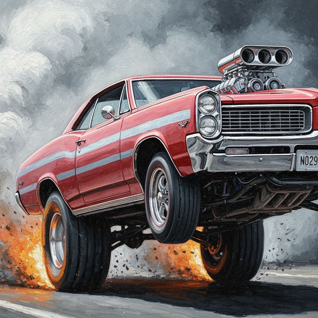 Impasto Painting of a 1966 Pontiac Hotrod Doing a Wheelie