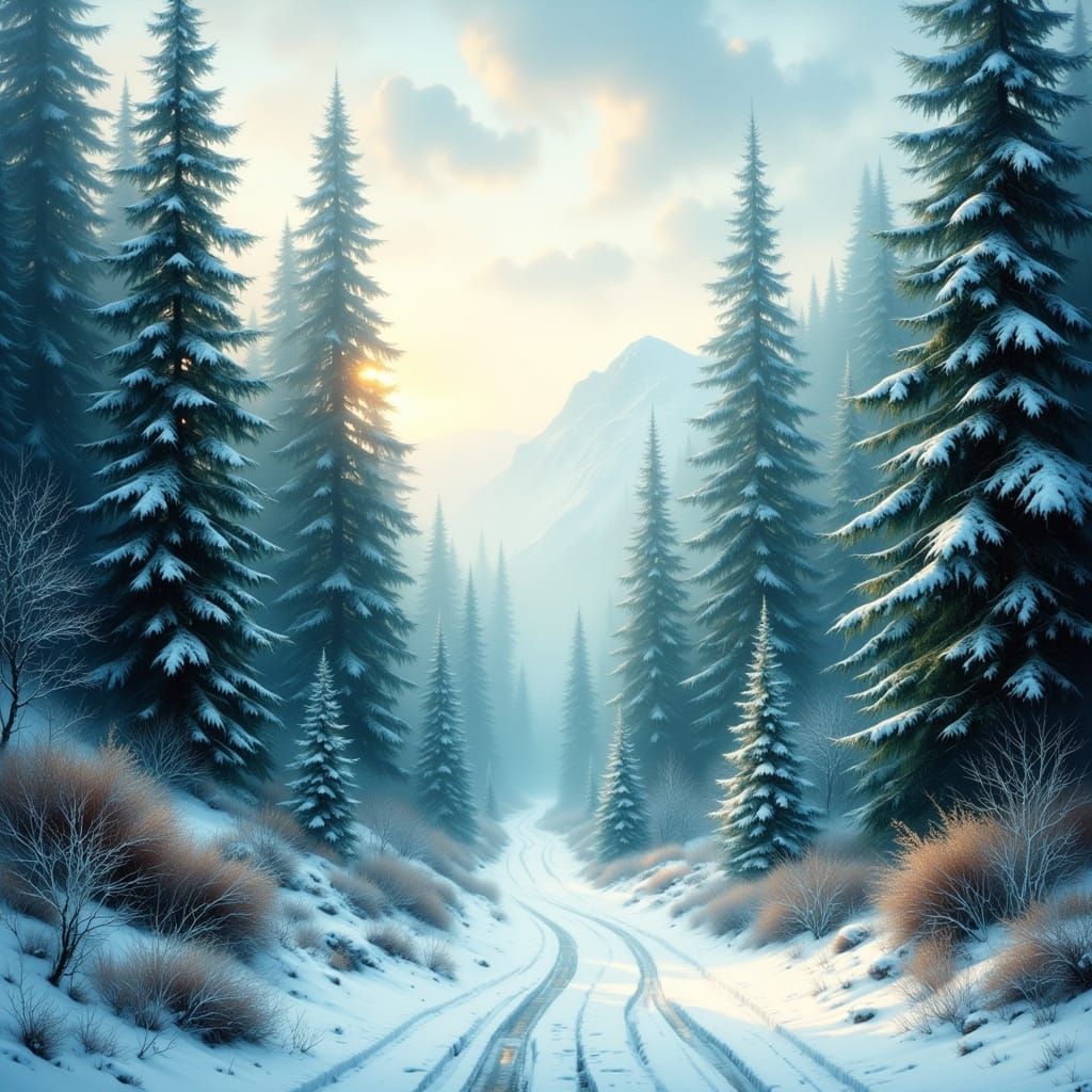 Mystical Winter Landscape with Green Fir Trees