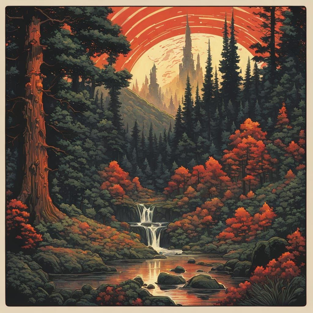 Eldritch Forest Retro Illustration in Norman Rockwell Style