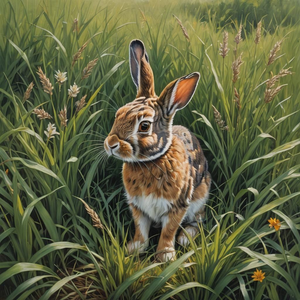 Rabbit in Grassy Field as Oil Painting