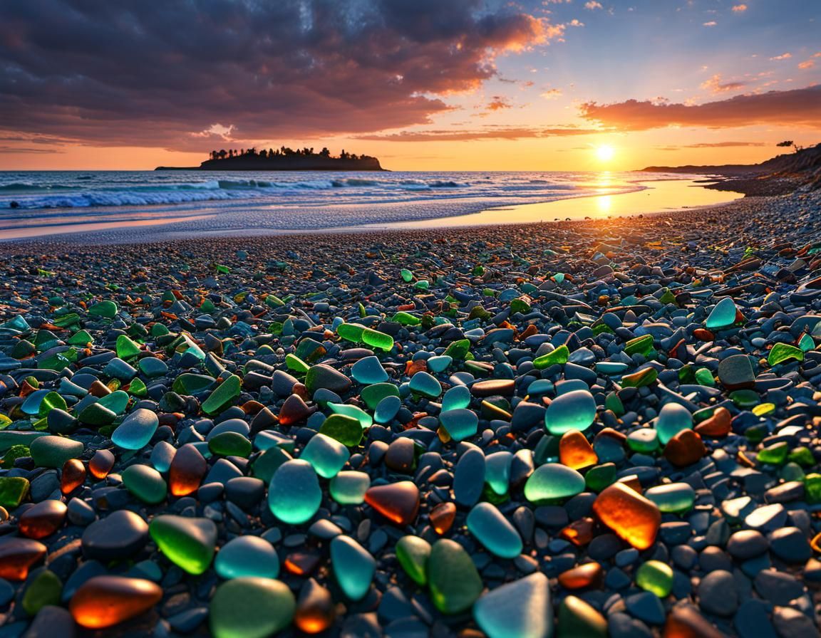 Sea Glass Sunset: Hyperrealistic Erie Beach Art