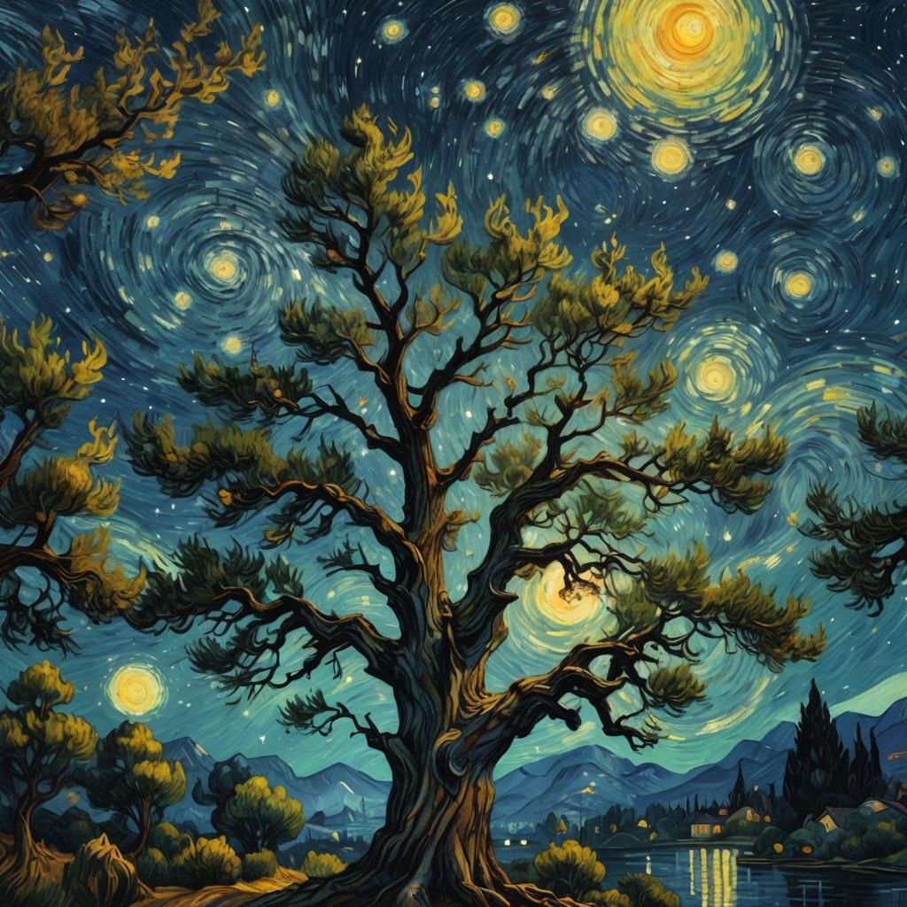 Starry Night Cypress Tree in Post-Impressionistic Style