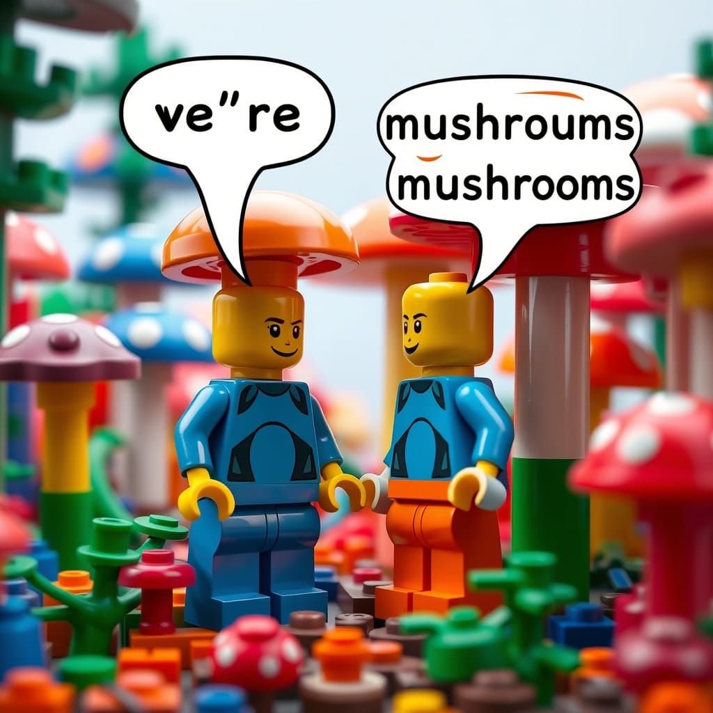 Whimsical LEGO Mushroom People in Forest