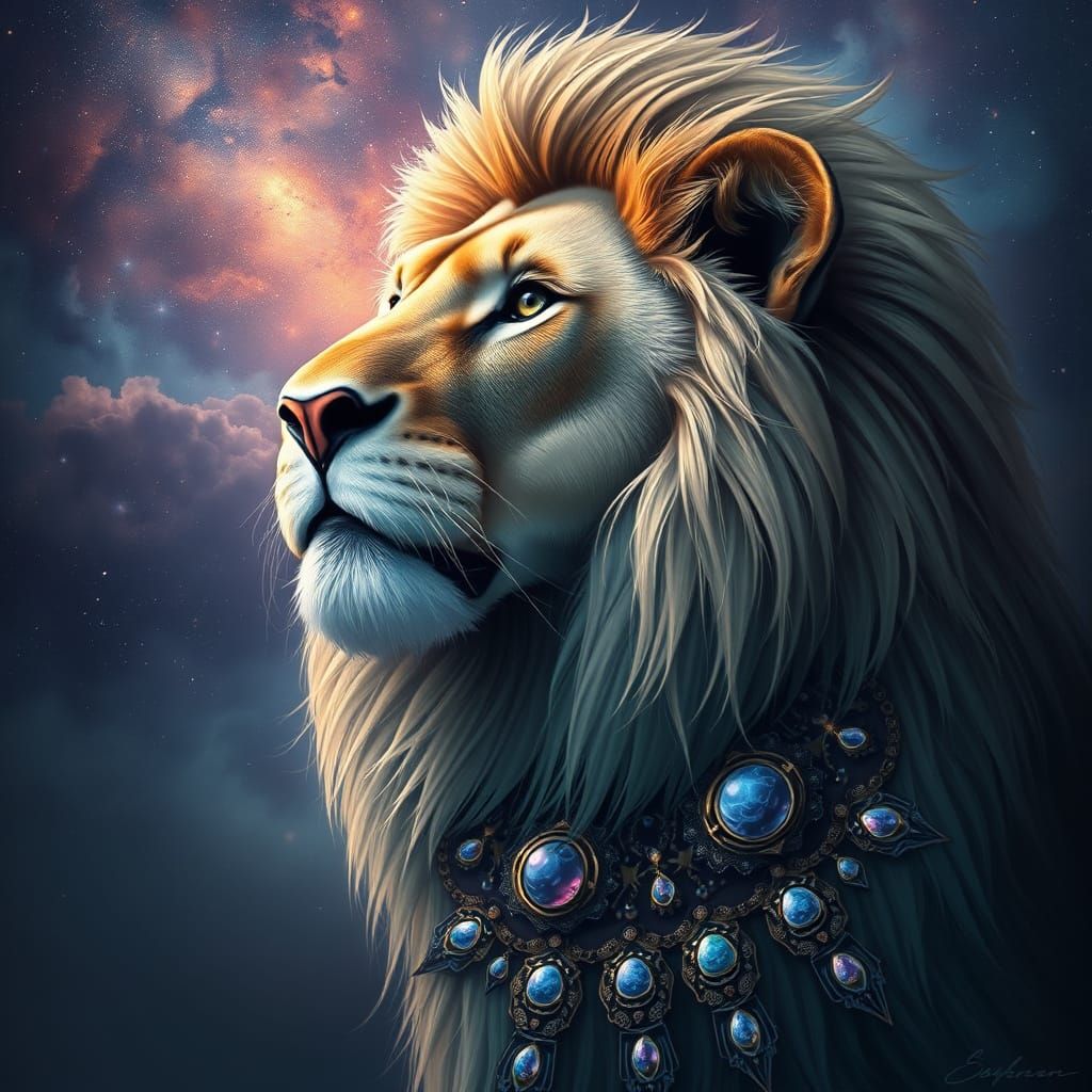 Starlight Lion Gazing into the Cosmos: Digital Matte Paintin...