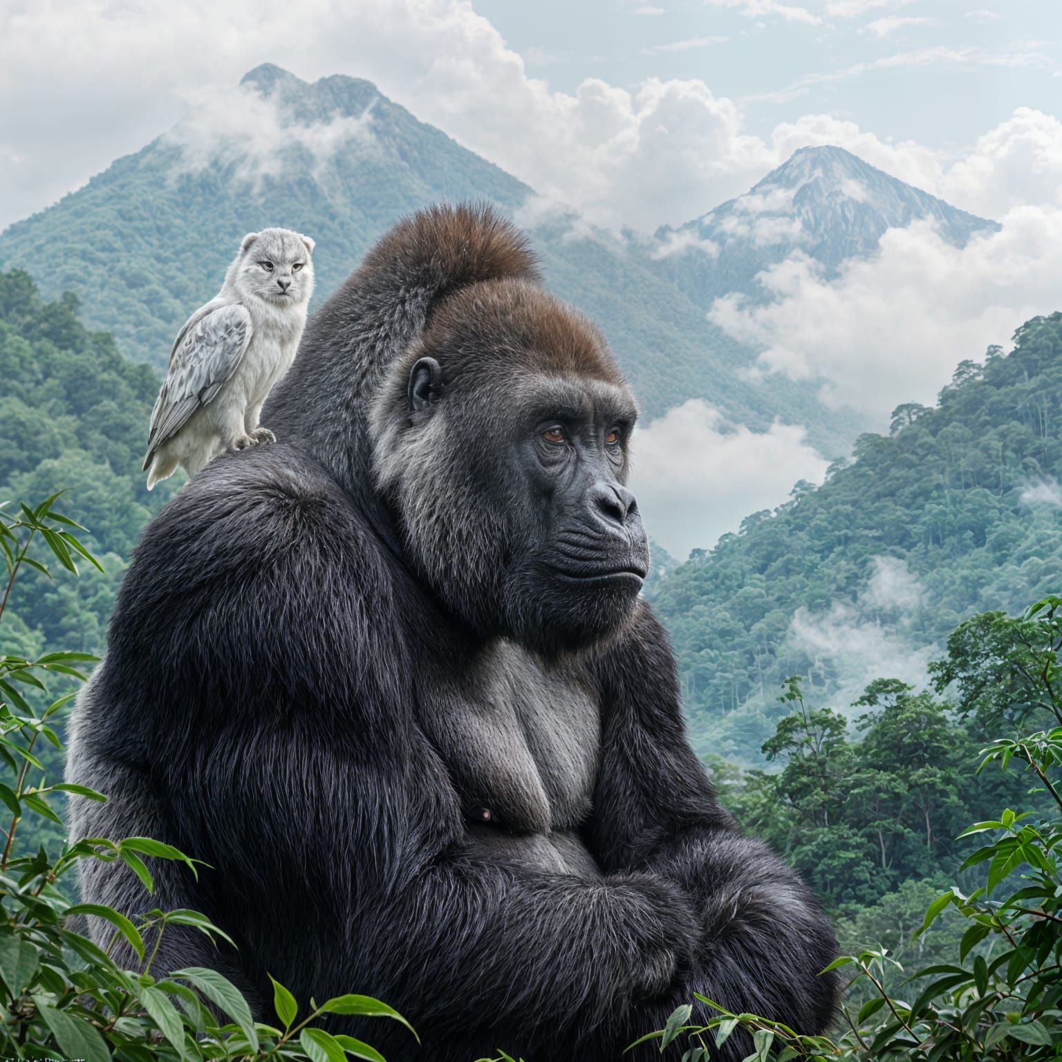 Silverback Gorilla and Snow Owl in Misty Mountains