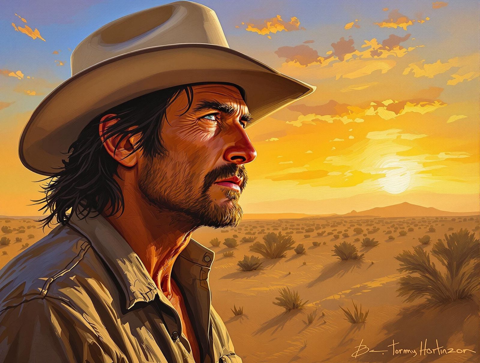 Cowboy Sunset in Impressionistic Style